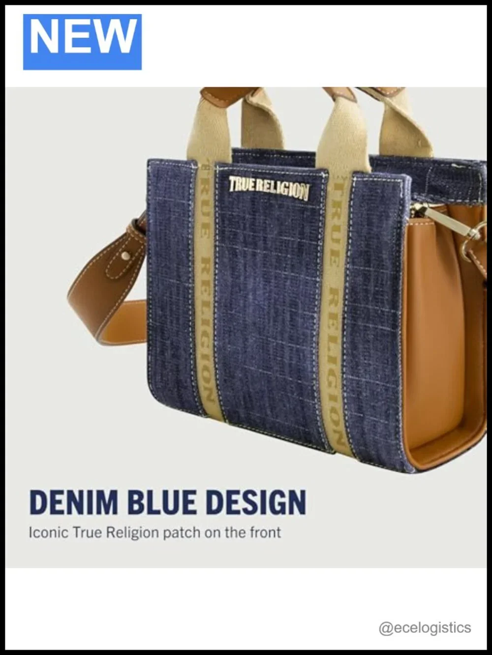 Denim Box Tote with Faux Leather, Removable Strap